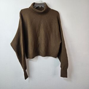 Good American turtleneck wide ribbed crop sweater balloon sleeves Size 3/L Brown